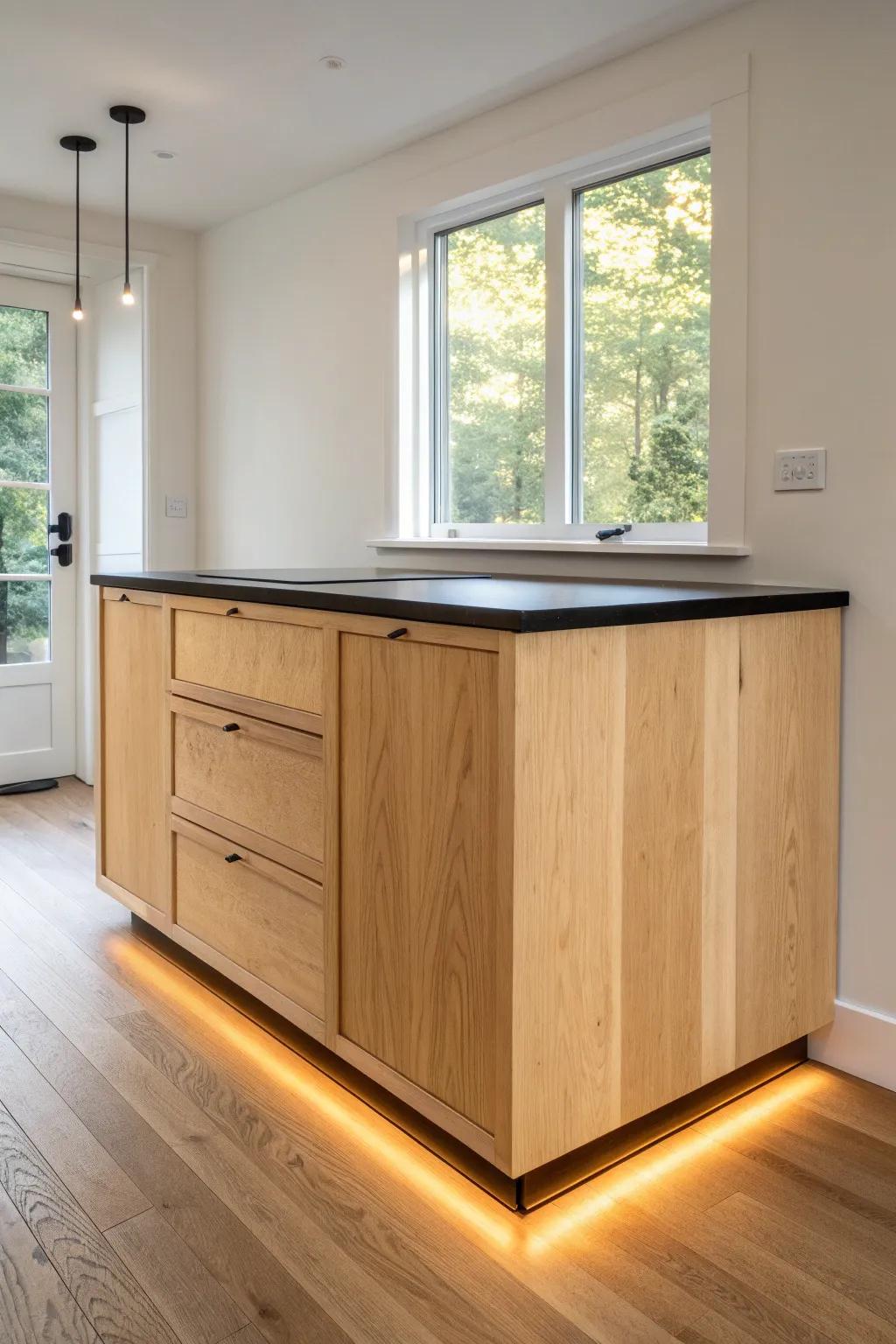Maple slab cabinet + black countertop with hidden toe-kick LEDs for a soft floating glow.