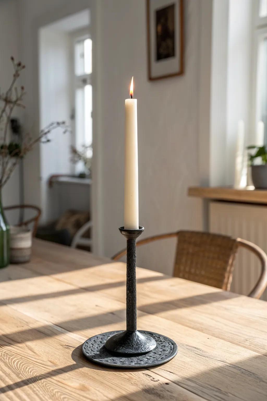 Swap florals for a handmade iron candlestick—rugged black steel on warm oak feels timeless.