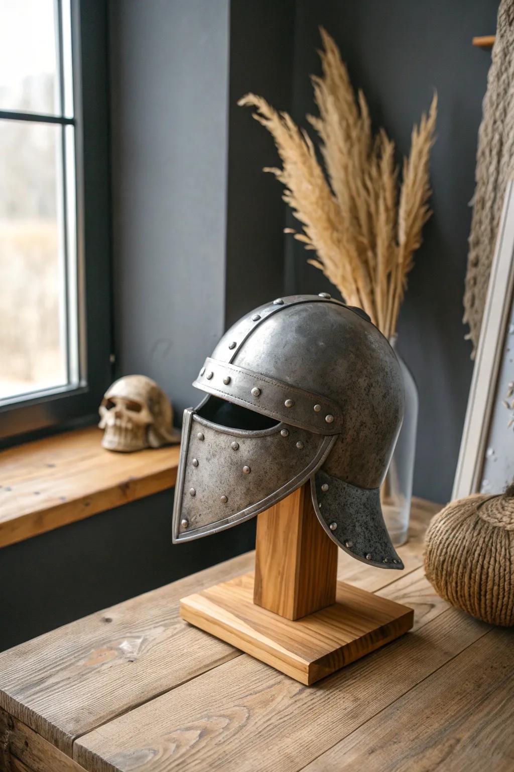 A minimalist armor-inspired corner: steel helmet on oak pedestal against a dark backdrop.