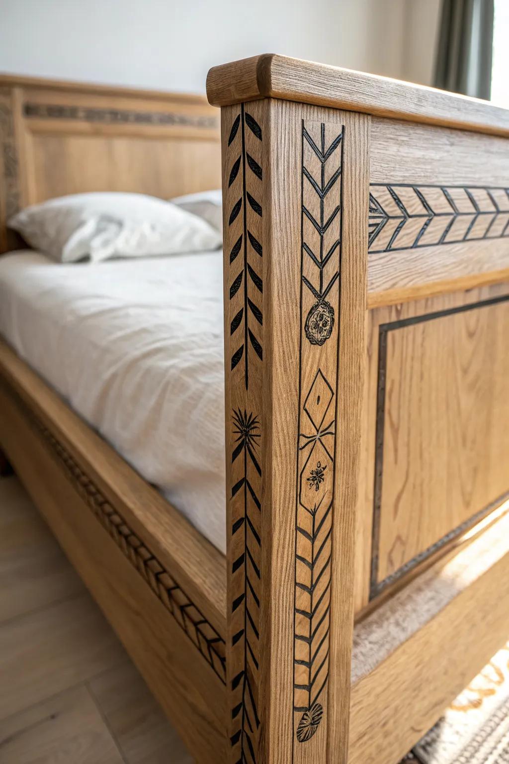 Minimal oak bed rail with wood-burned rune trim—subtle medieval charm with modern calm.