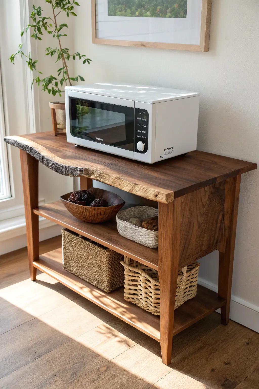 Live-edge walnut top + clean oak base—an elegant microwave stand with natural wow factor.