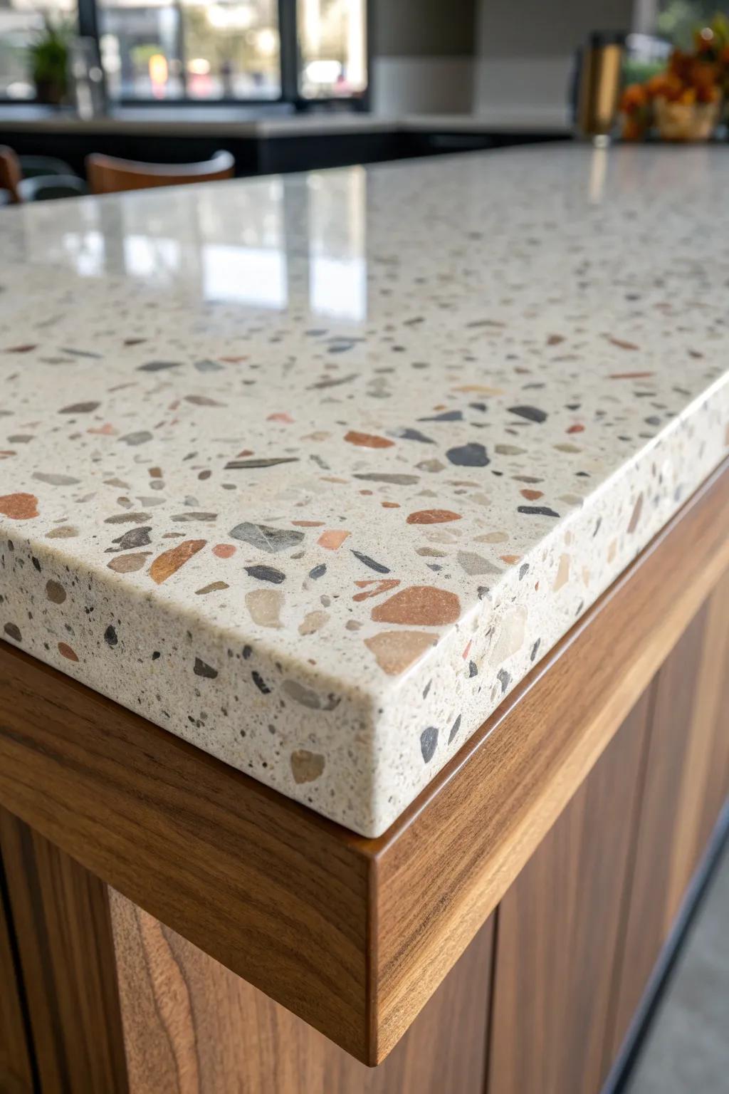 Terrazzo-style resin inlay on walnut: a mid-century coffee bar accent that wows.