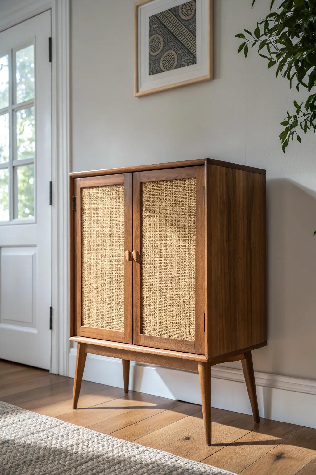 Cane-front cabinet: a fresh mid-century entryway detail with warm texture and clean lines.