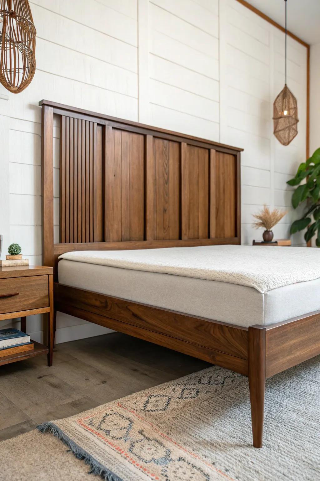 Extended walnut slat headboard that doubles as a room divider—mid-century, calm, and crafted.
