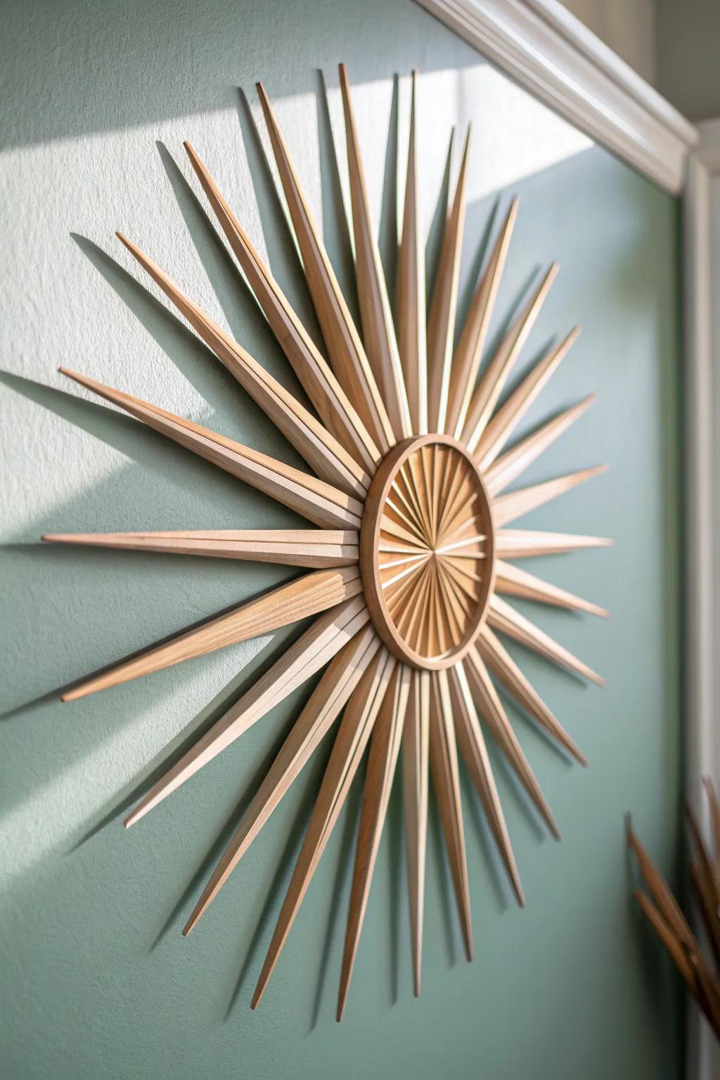 Hand-cut plywood starburst brings atomic mid-century charm to a calm, modern nursery.