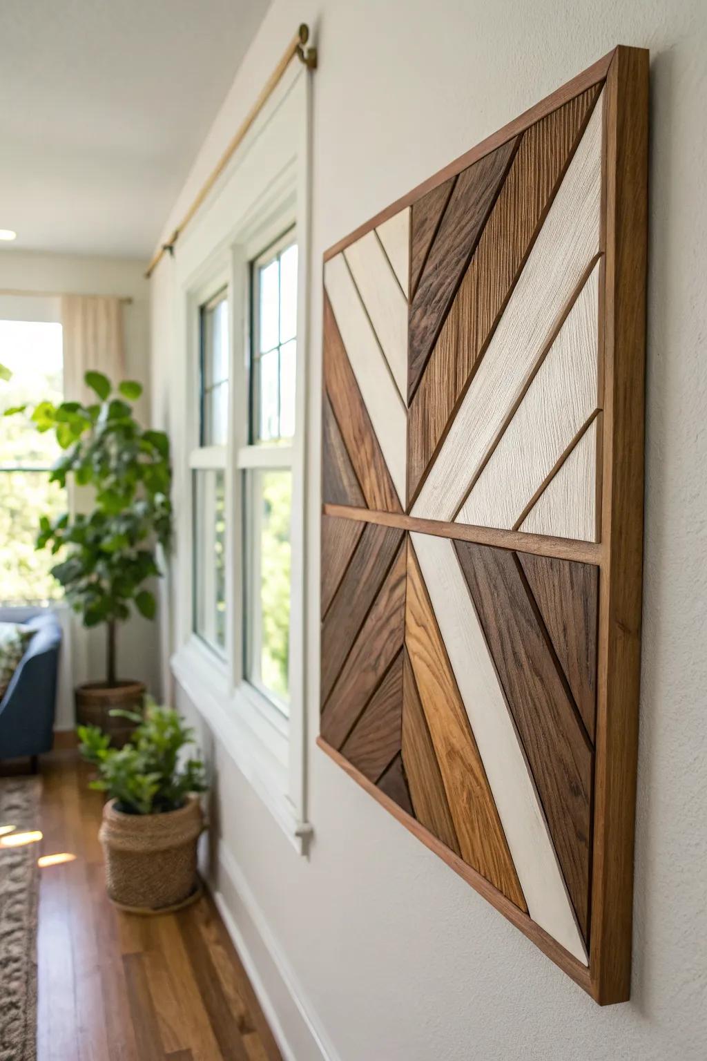 Mid-century walnut geometric wall panel with a sleek resin inlay—minimal, warm, and modern.