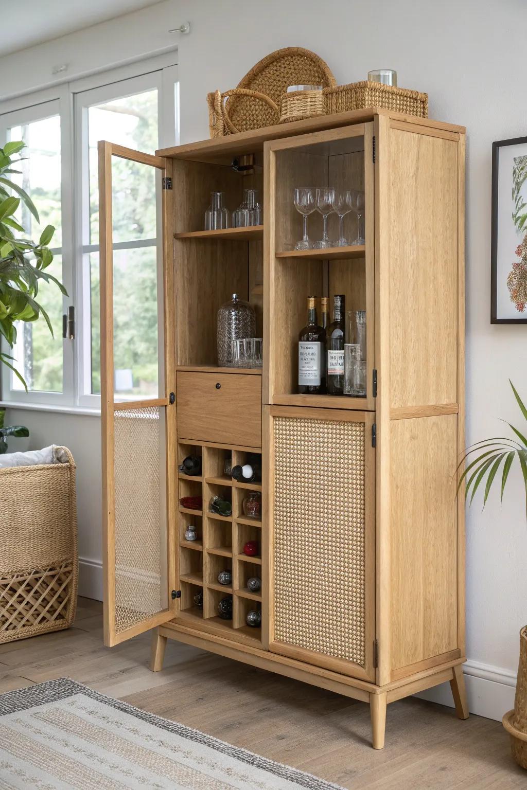 A two-sided oak mini bar cabinet that doubles as a chic room divider—minimal, warm, handmade.