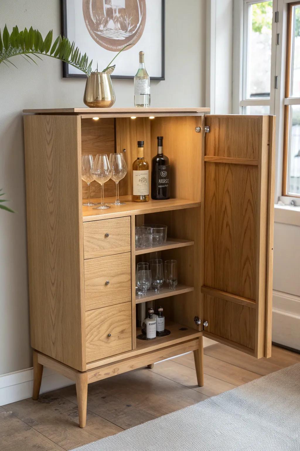Mirror-back mini bar: pale oak shelves that bounce light and make every bottle feel like décor.