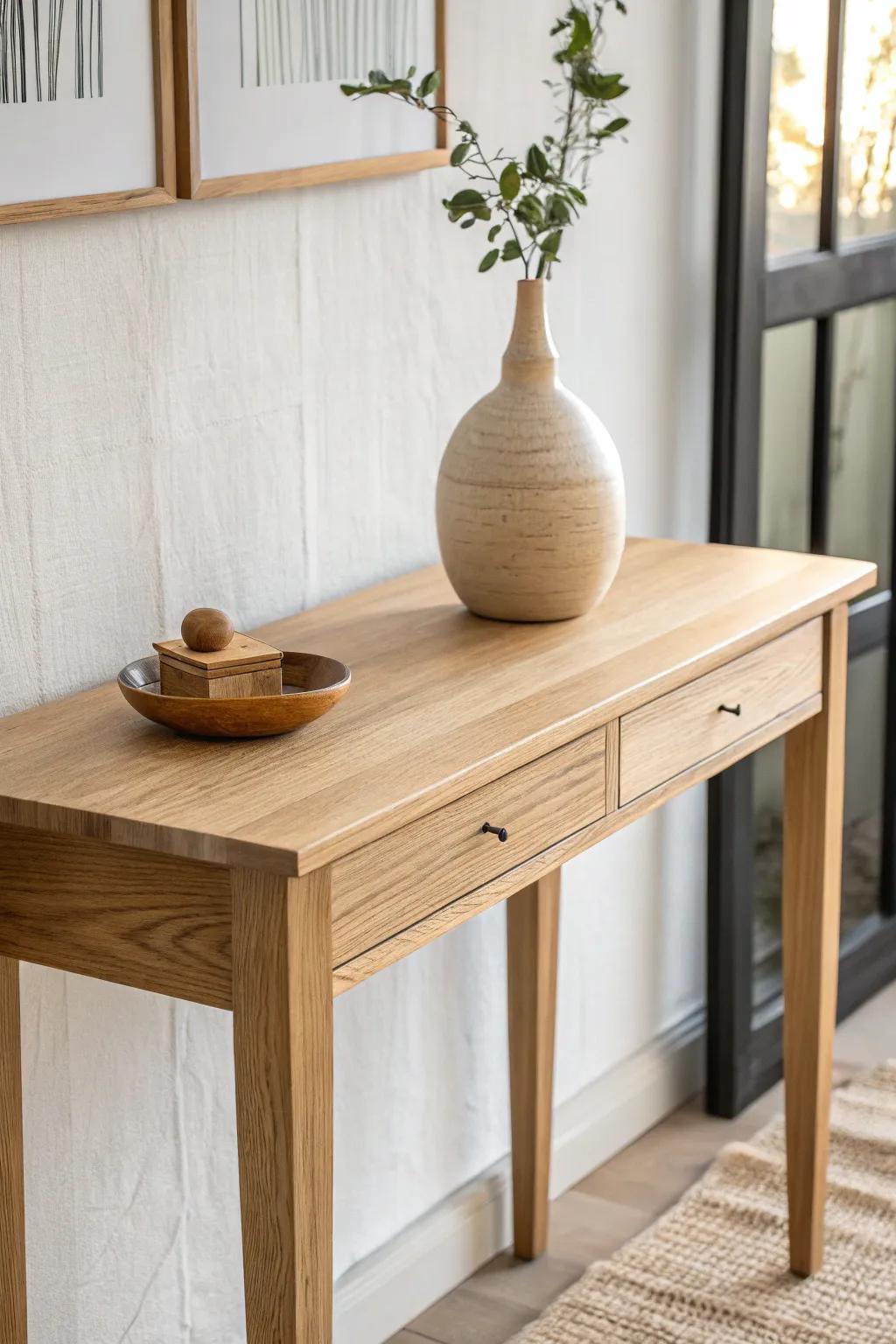 One handmade wooden piece—quiet, minimal, and full of story—perfect console table styling.
