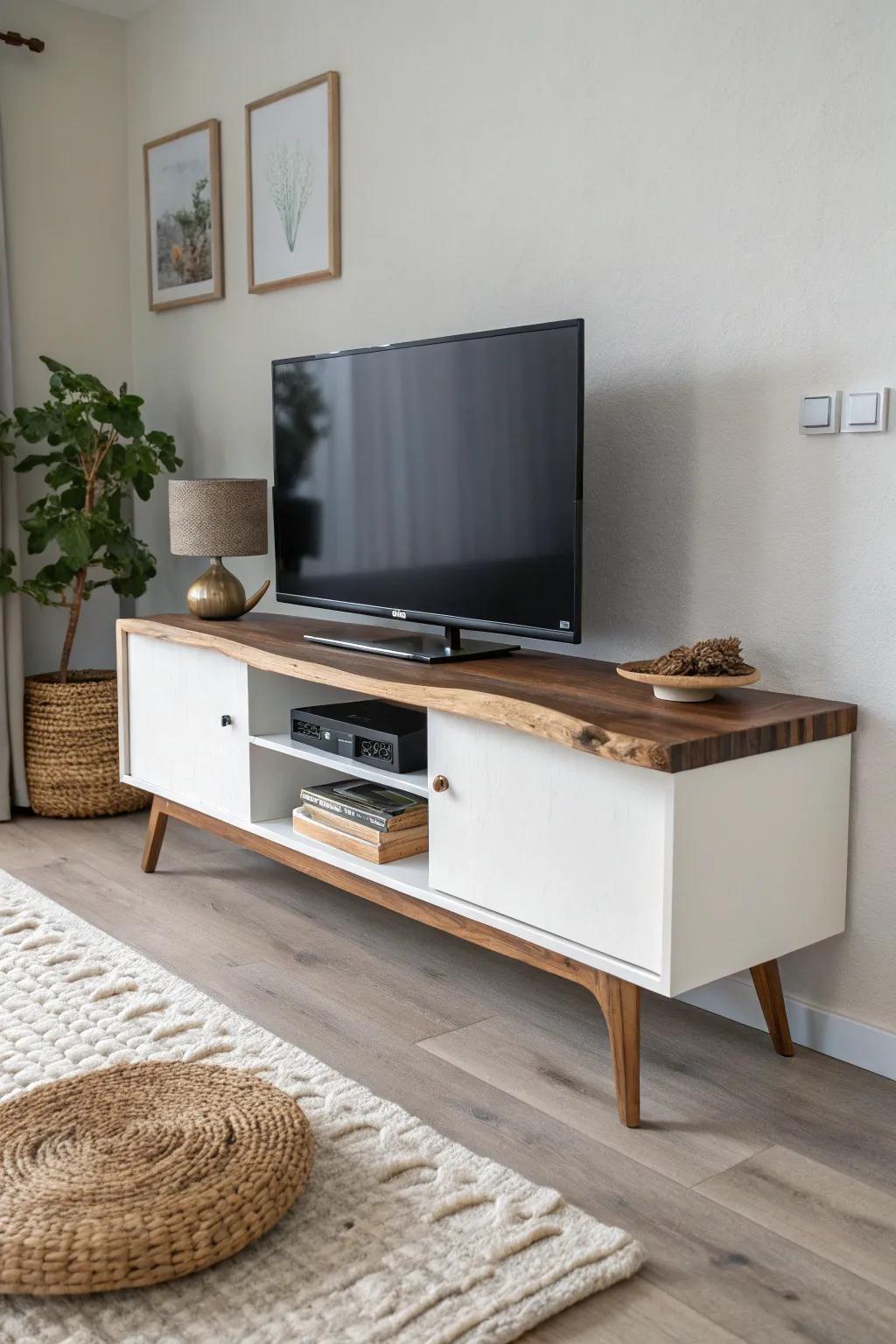Live-edge warmth meets a clean, straight base—minimalist TV stand with quiet artisan contrast.