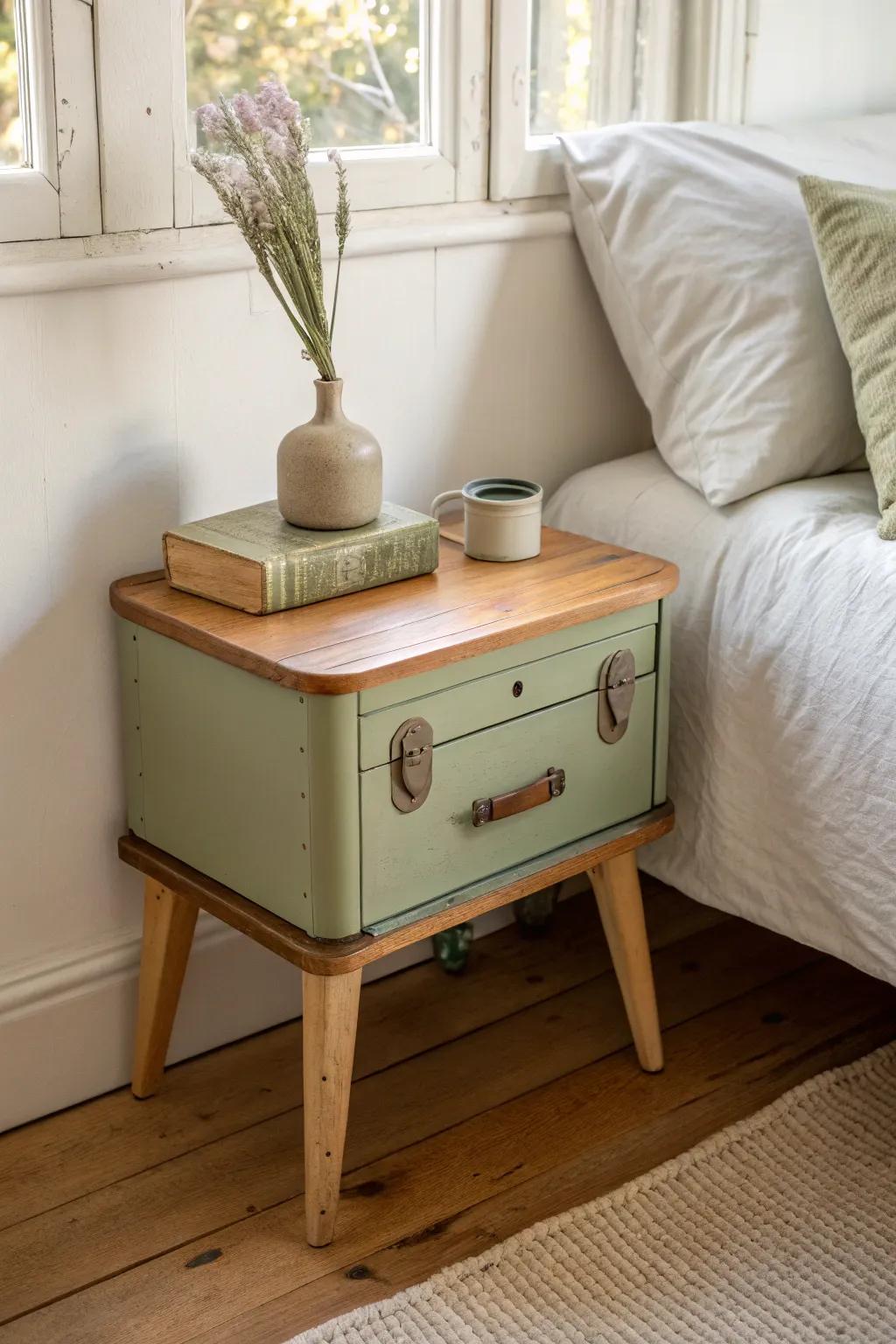 A vintage toolbox nightstand with an oak top—workshop charm with calm, minimalist warmth.