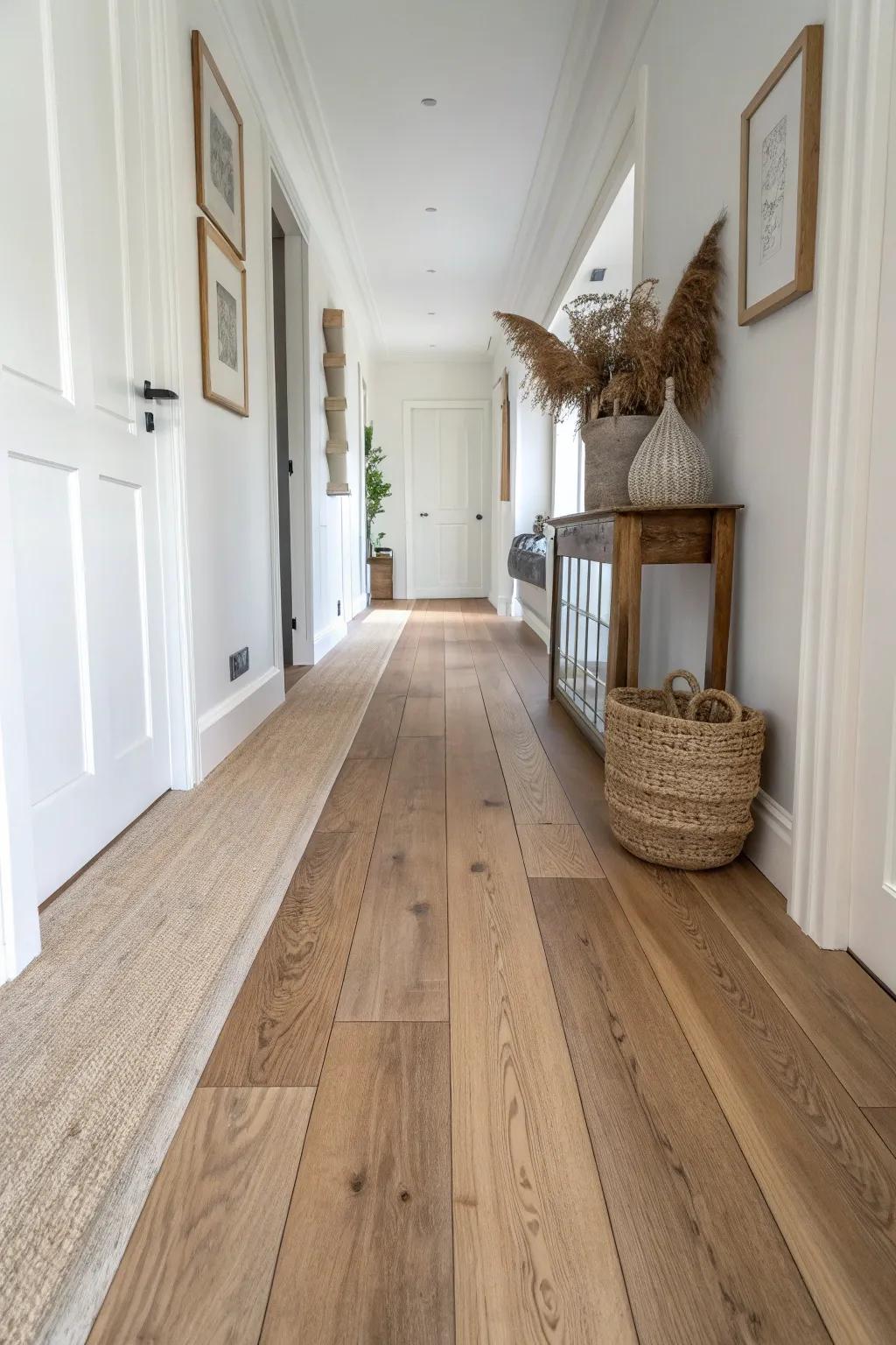 A seamless light-to-dark hardwood gradient that turns a long hallway into quiet luxury.