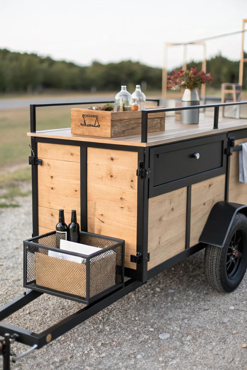 A sleek boat-trailer bar cart hauler—narrow, handcrafted, and perfect for tight driveways.