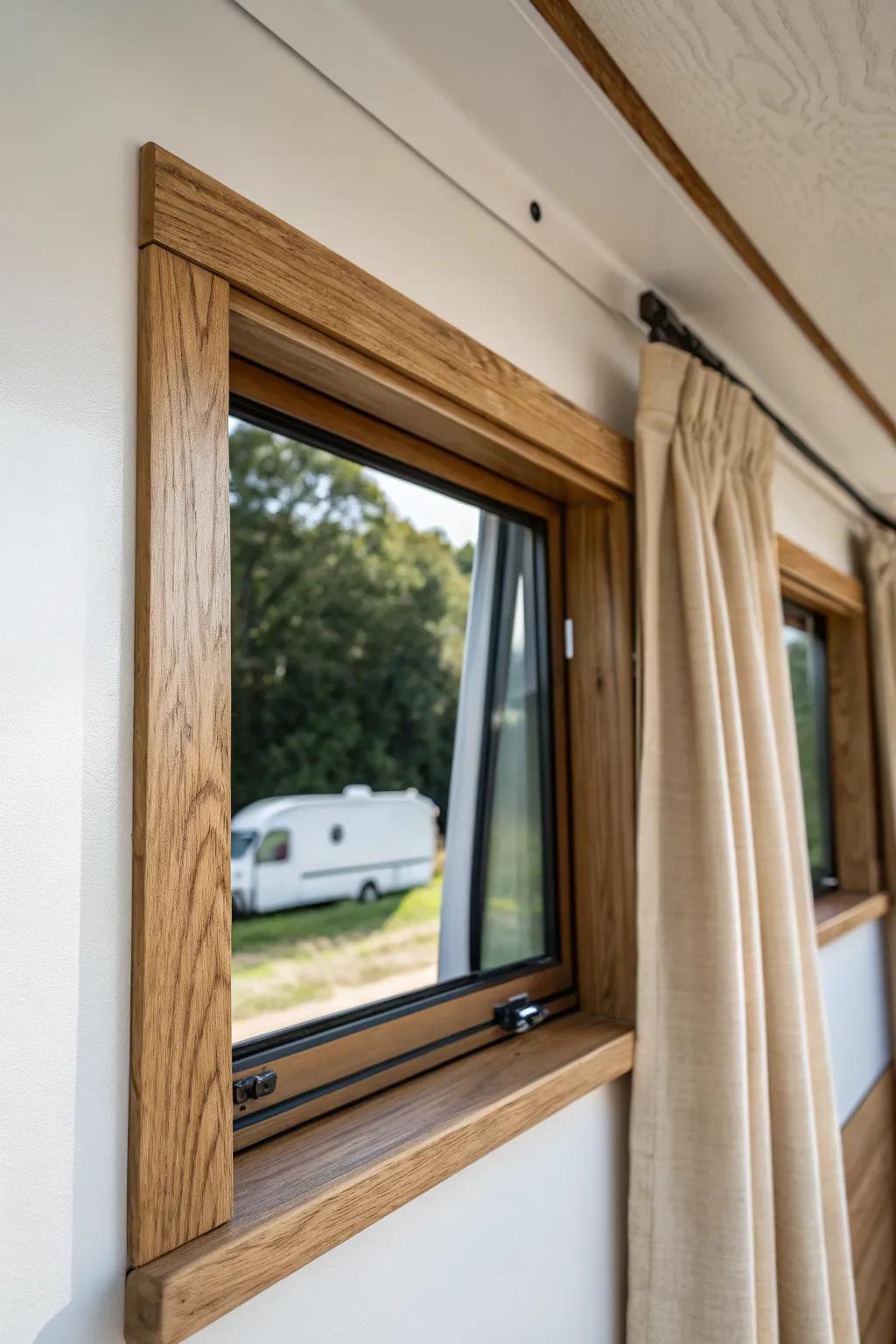 Slim live-edge trim transforms one mobile-home window into a warm, handcrafted focal point.
