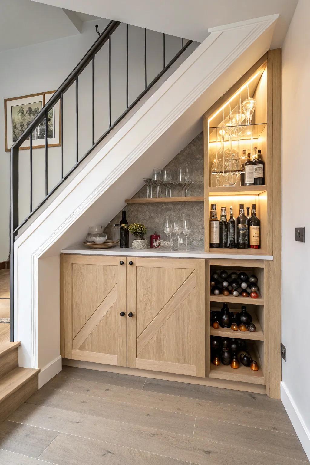 A sleek under-stairs oak bar cabinet that turns the hidden triangle into a warm, modern showpiece.