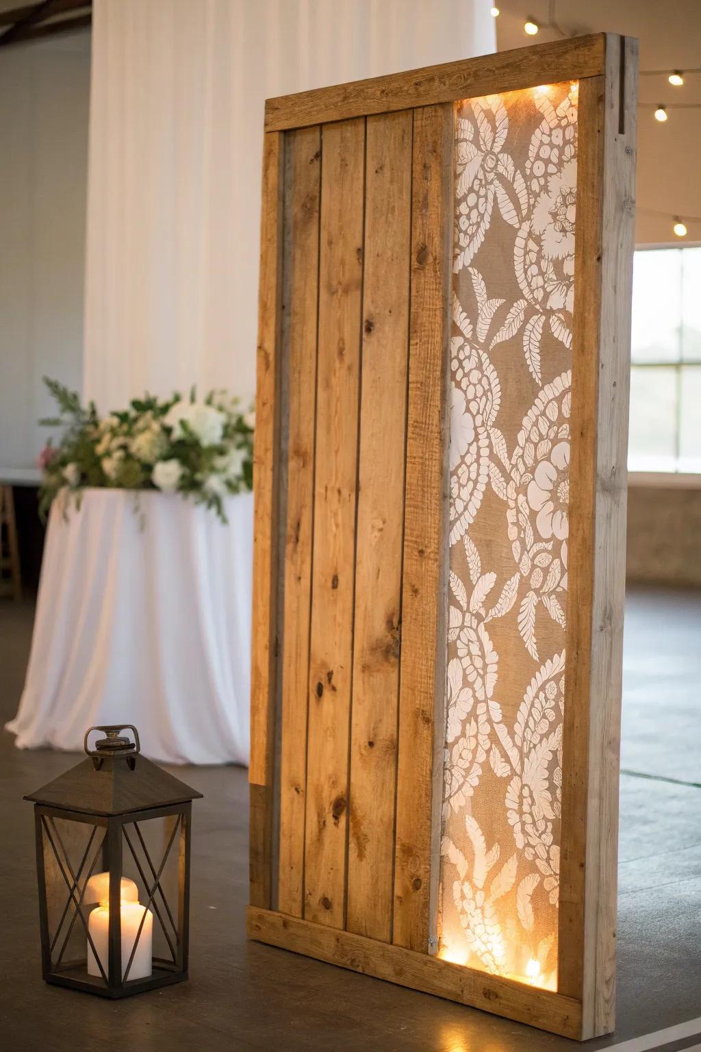 Warm gobo projections on reclaimed barn boards make the wood grain glow—modern rustic magic.