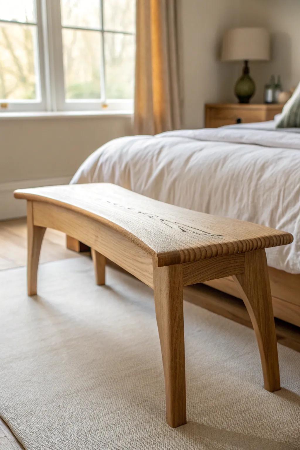 A softly curved oak bench adds designer calm and a gentle silhouette at the foot of the bed.
