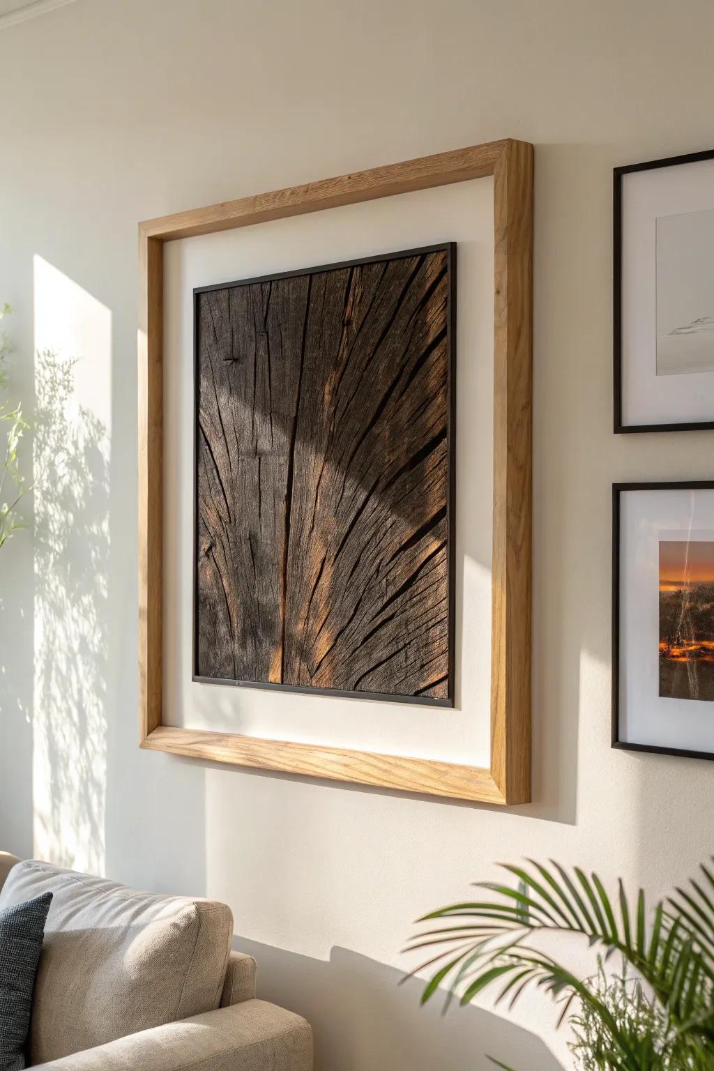 Burnt-wood wall art: deep brown-black texture that pops beautifully on creamy walls.