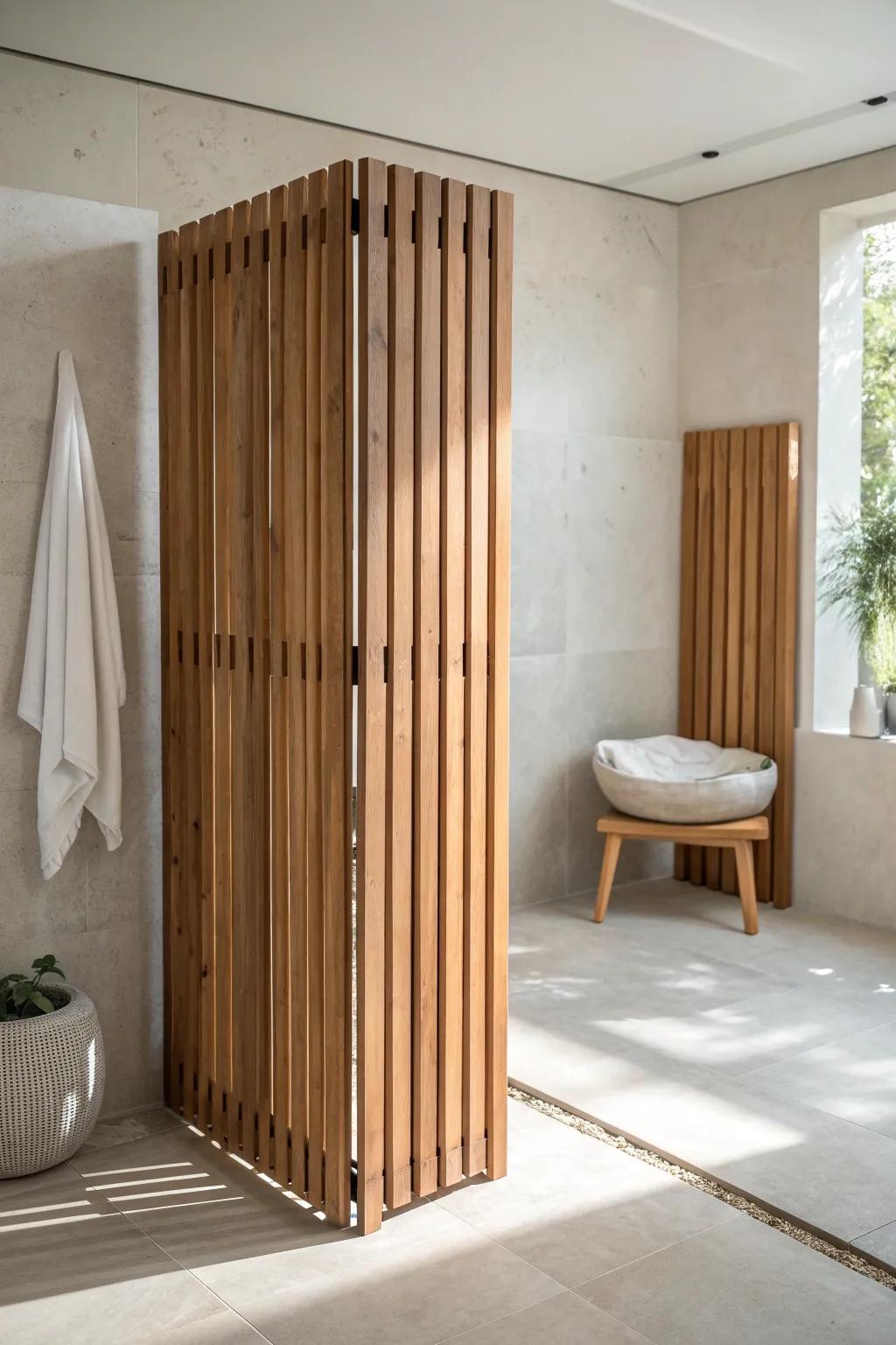 Warm cedar slat divider defines a modern wet room with soft light and spa-like calm.