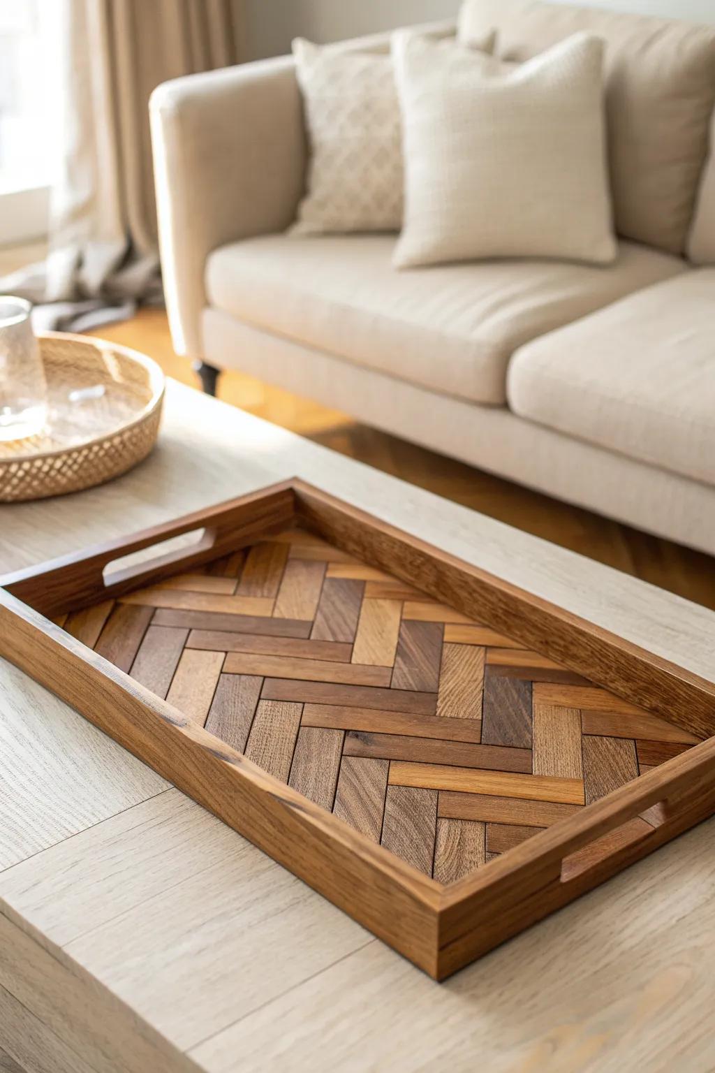 Small herringbone wood tray, big heritage charm—an easy modern‑classic living room upgrade.