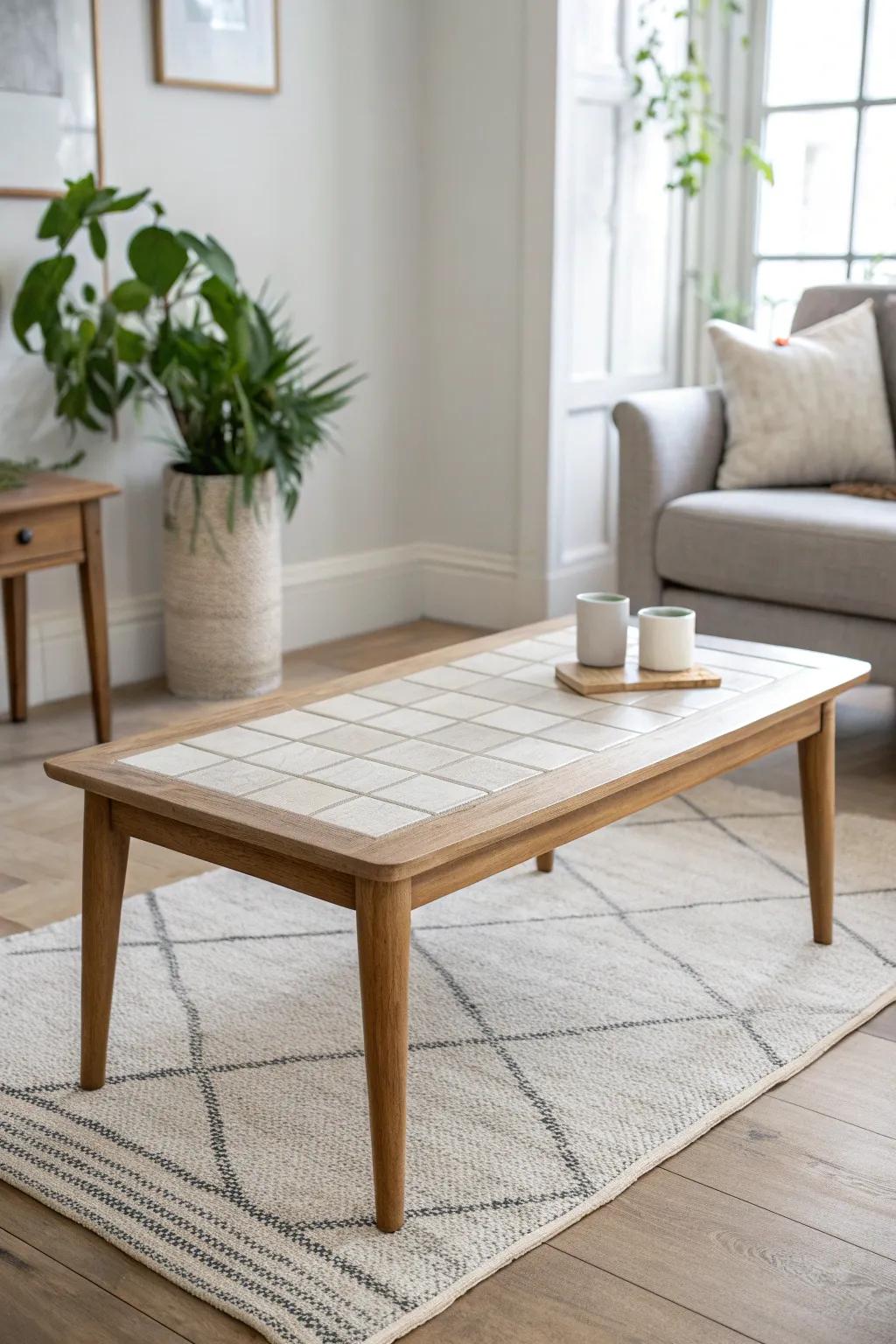 A clean oak coffee table with a slim neutral tile inlay—modern pattern, easy-wipe beauty.
