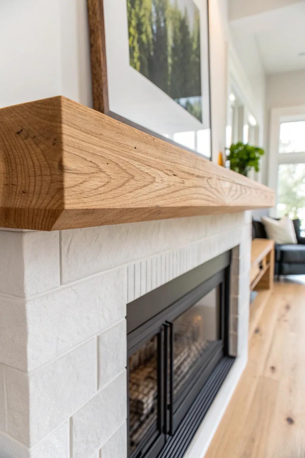 Live-edge corner mantel with a sleek resin inlay—modern contrast, warm natural grain.