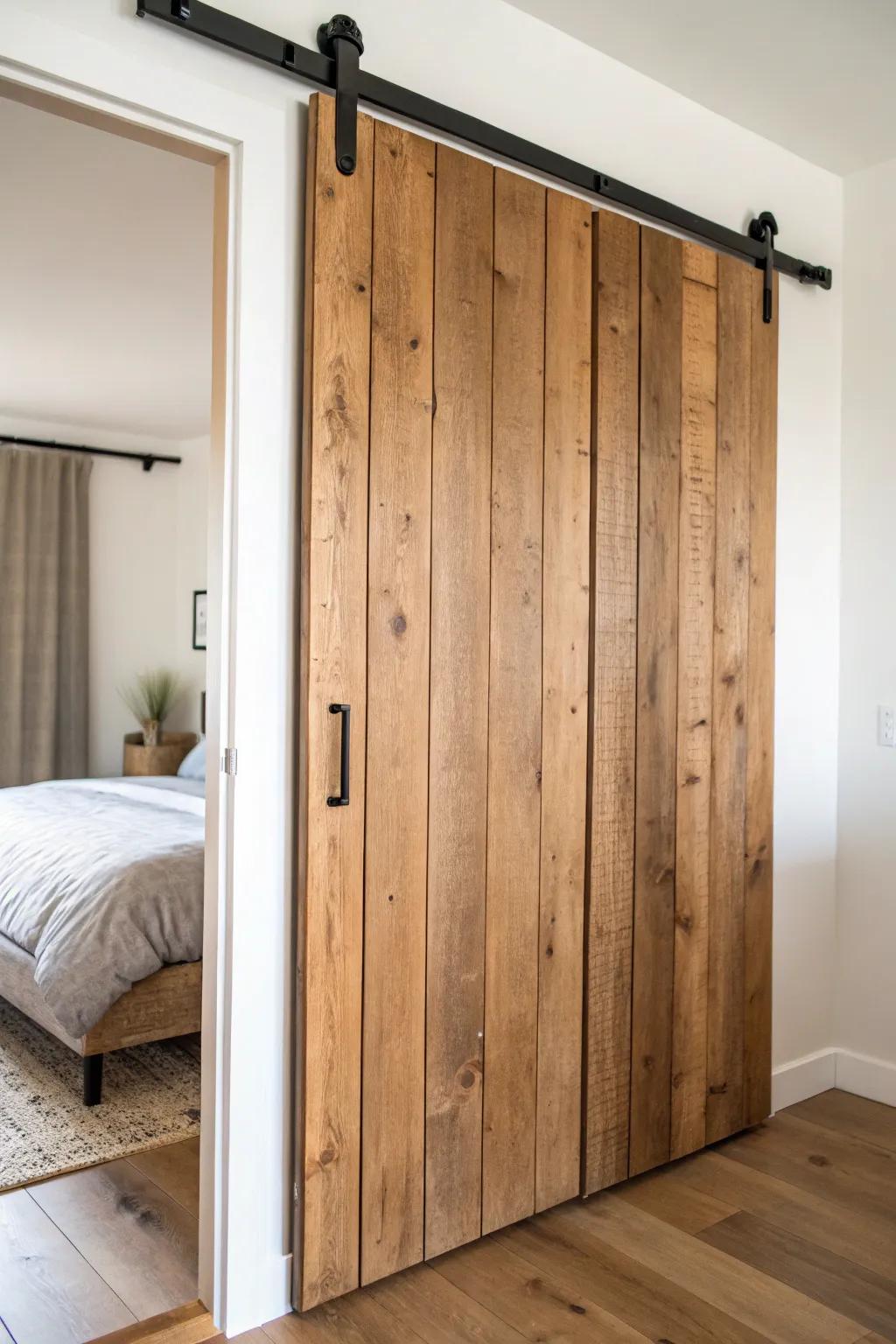 Reclaimed-wood sliding plank door: a space-saving closet upgrade with modern cottage warmth.