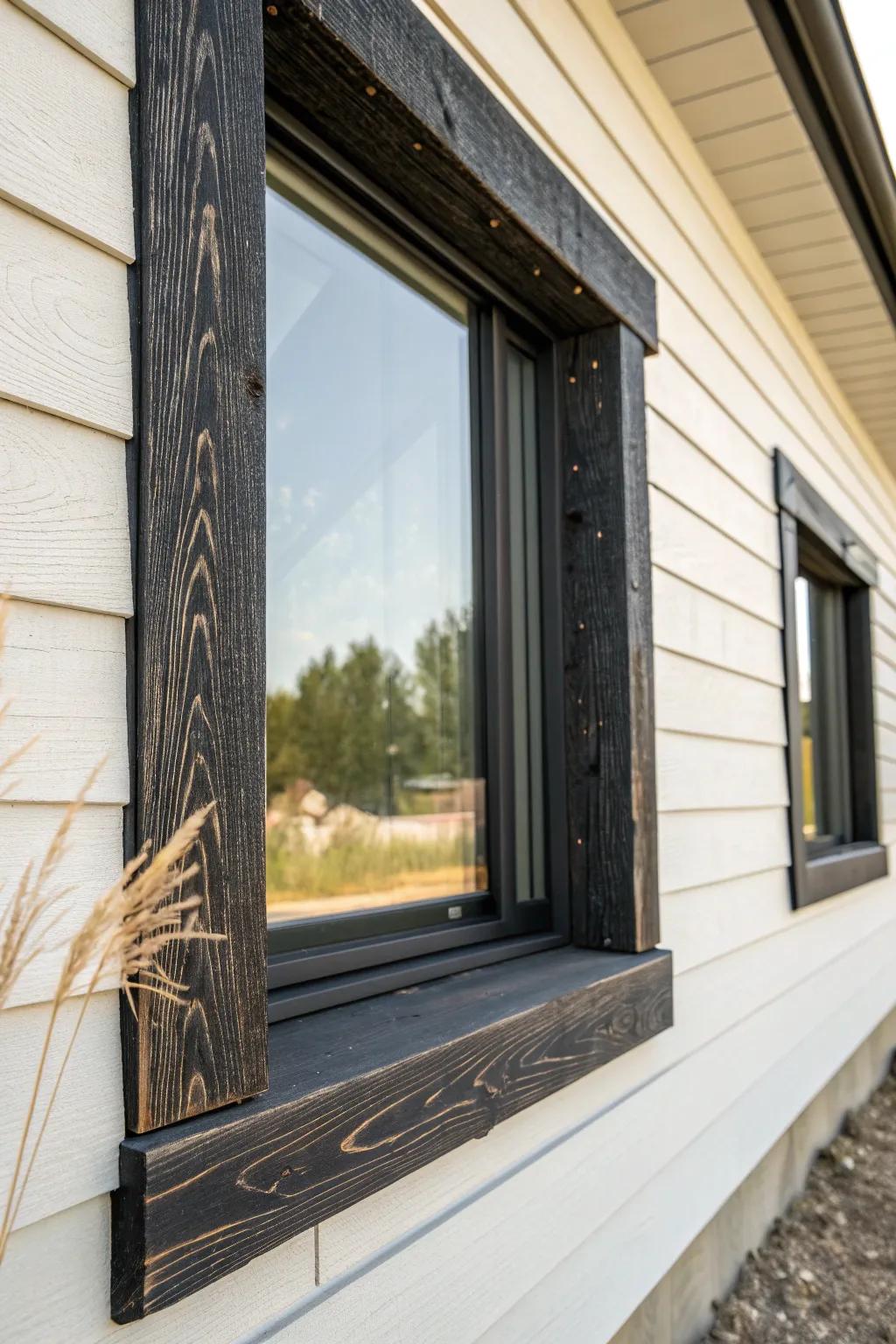 Charred wood window trim adds moody contrast and handcrafted texture to light modern siding.
