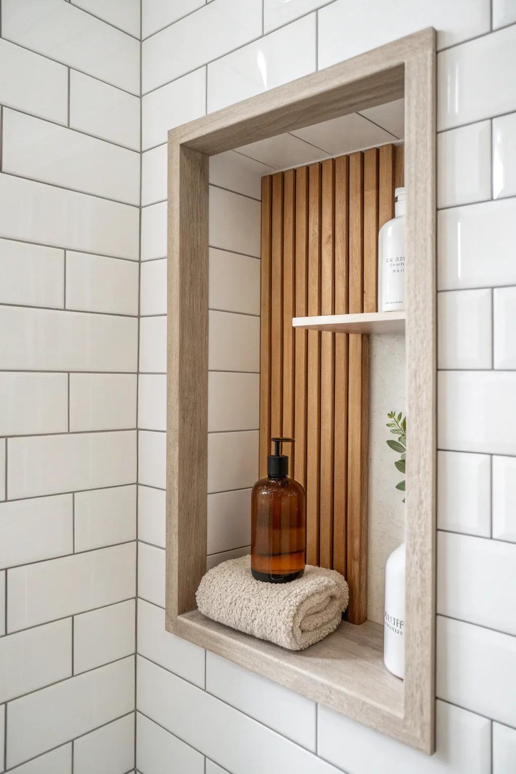 A built-in shower niche trimmed in teak-like slats—simple, warm, and custom-looking.