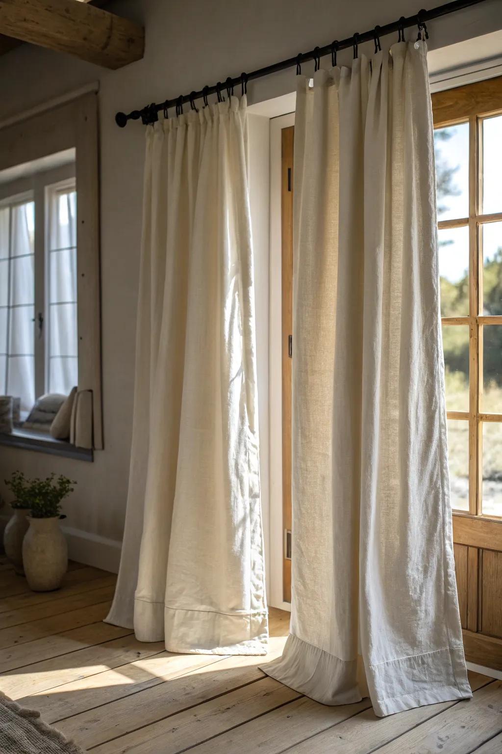 Relaxed drop cloth curtains bring soft farmhouse texture and elevate warm wood tones.