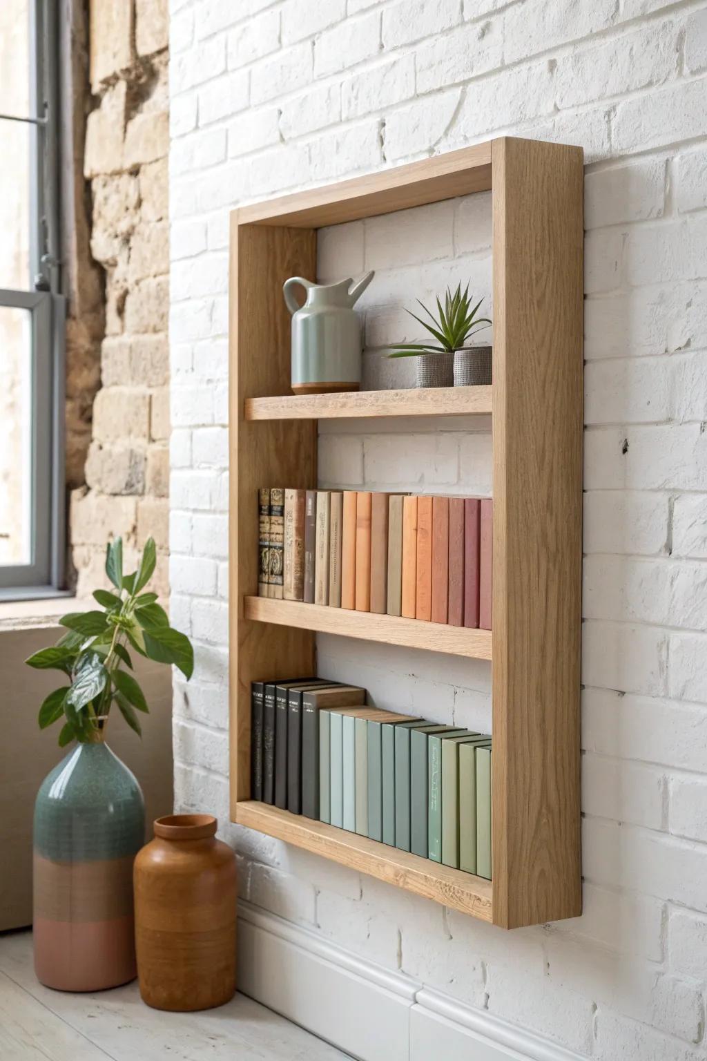 Color-blocked books turn a simple oak shelf into modern library wall art—clean, calm, curated.