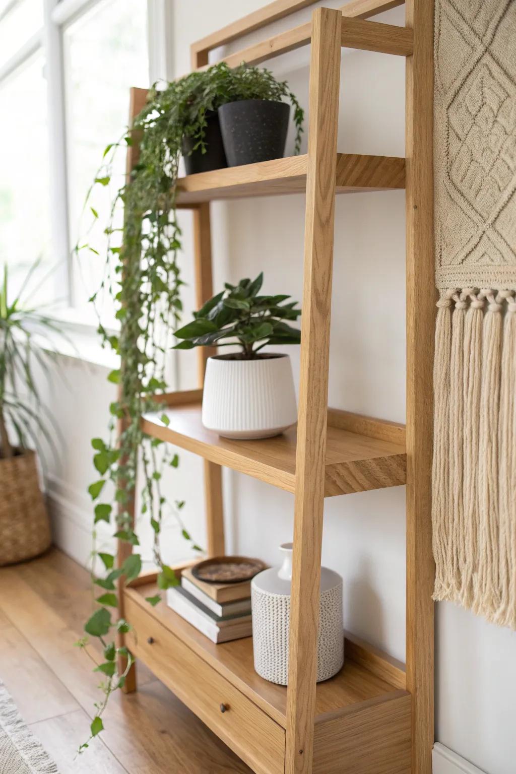 A deep plant-ledge shelf in pale oak—modern lines softened by a single trailing vine.