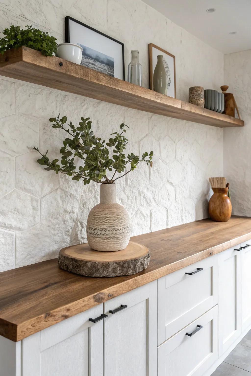 A single live-edge shelf adds organic warmth to sleek modern kitchens—simple, bold, timeless.