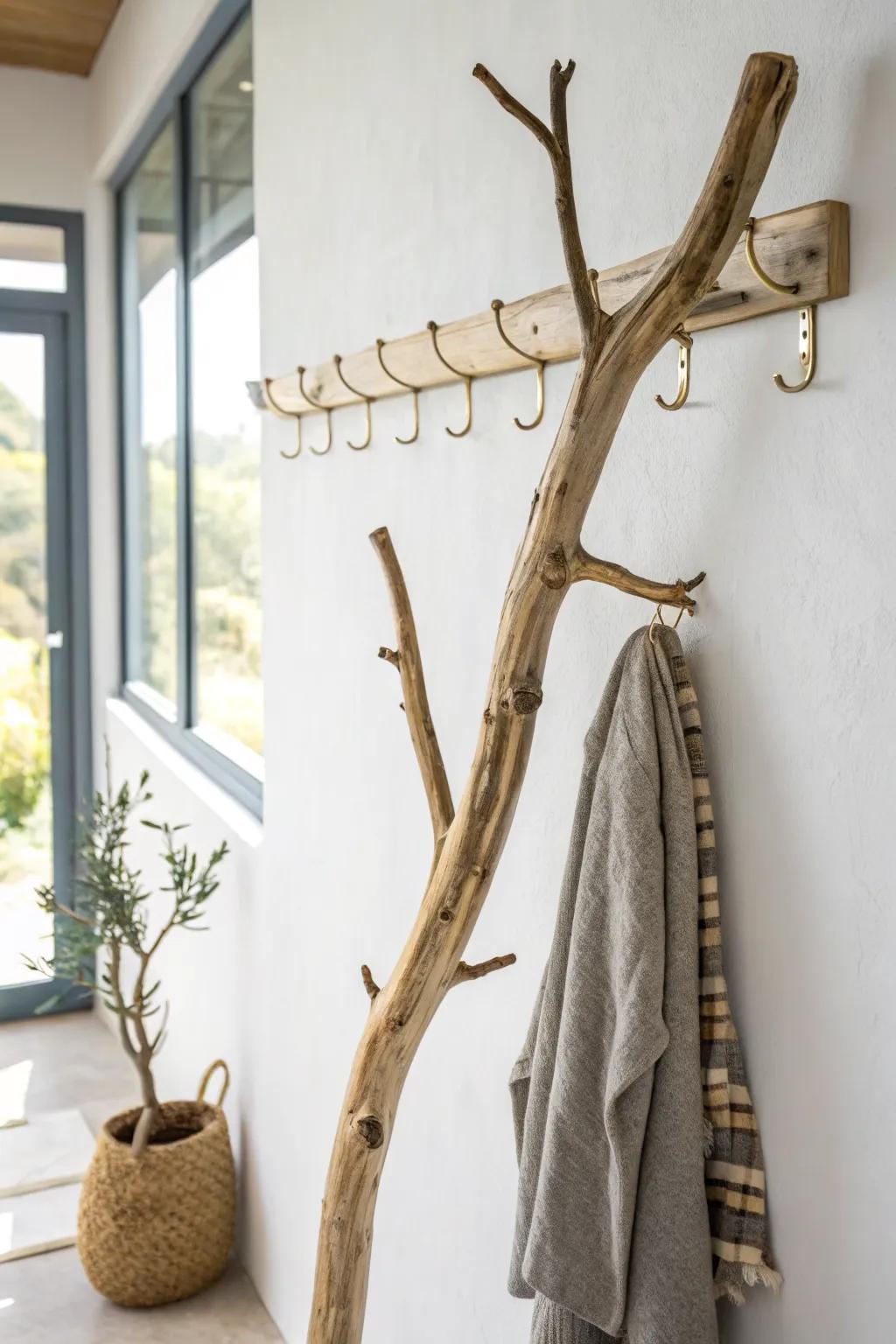A sanded natural branch becomes a minimalist coat rack—rustic sculpture for your entryway.