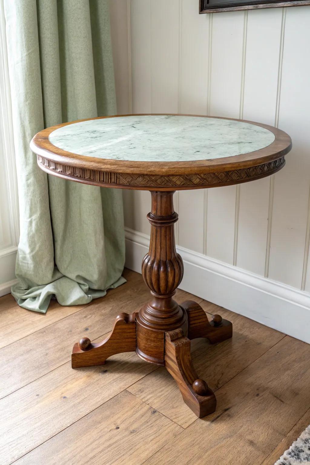 A classic side table, reimagined—salvaged wood with a subtle stone-like resin inlay.
