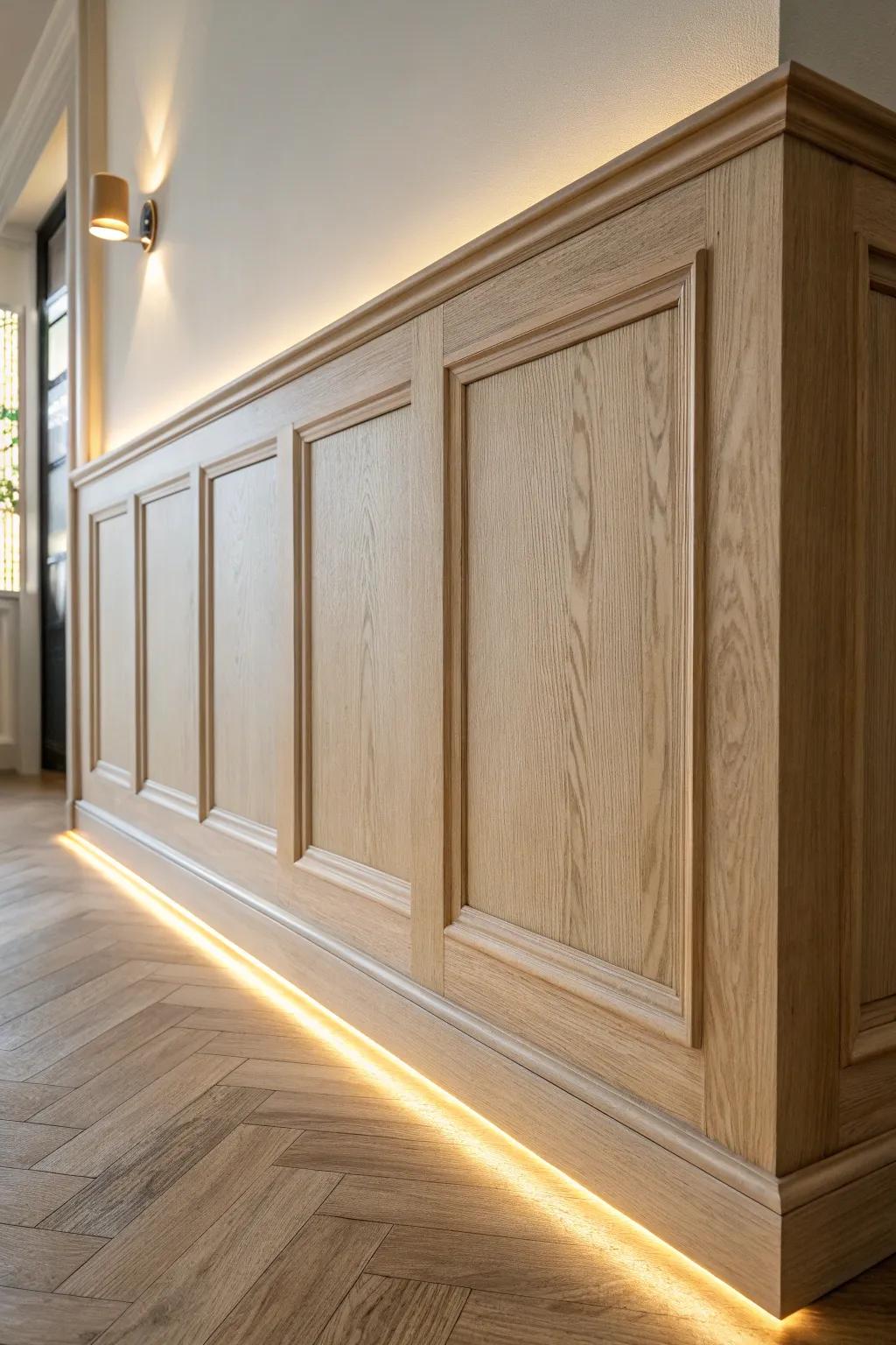 A slim shadow-gap + warm LED backlight turns simple molding into a glowing architectural feature.