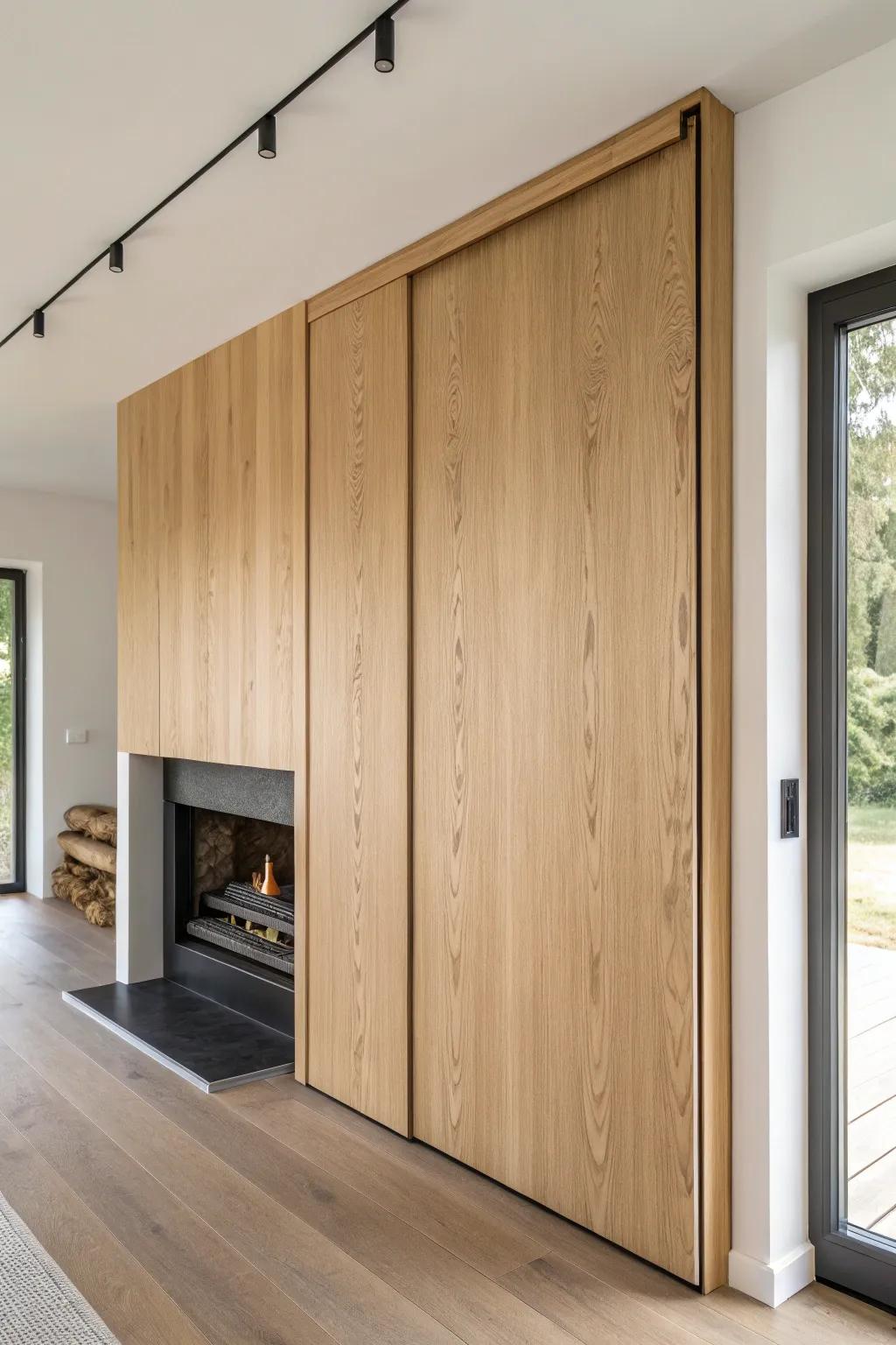 A sliding oak panel glides aside to reveal a hidden fireplace—minimalist, cozy, and chic.