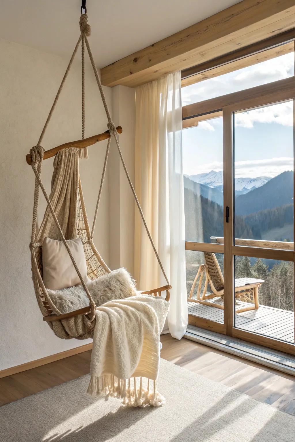 A handcrafted wooden hanging chair by the window—perfect for watching the mountains change.