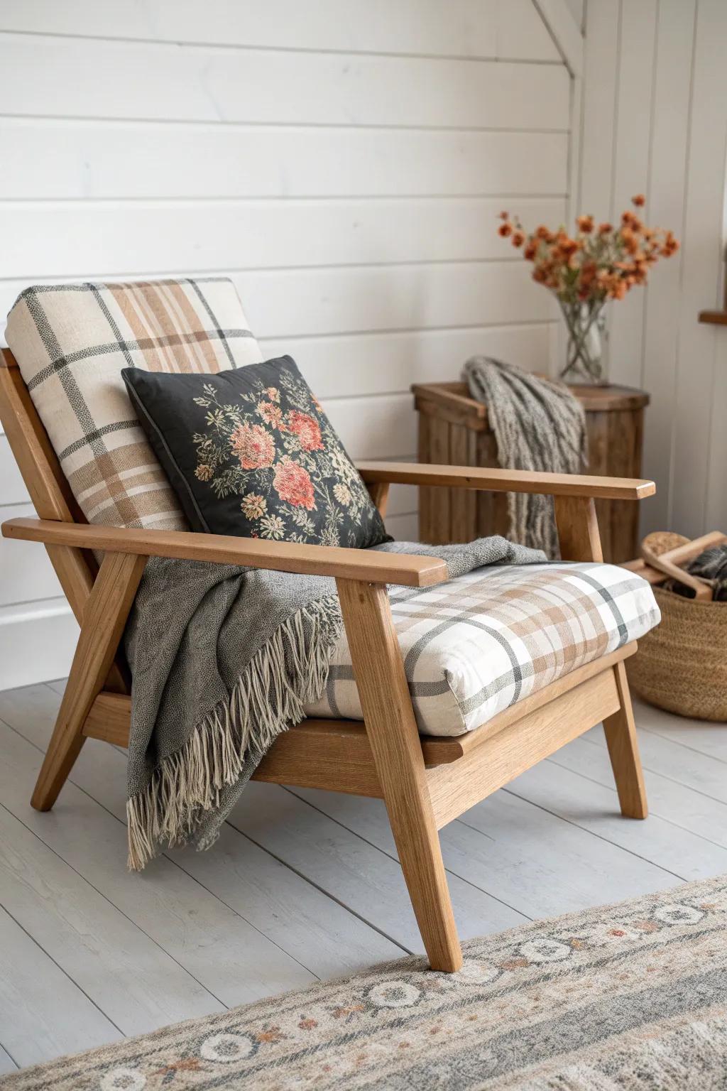 Handcrafted oak chair styled with plaid + petite florals—cozy mountain cabin layering.