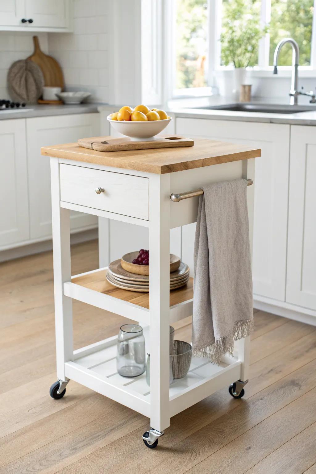 A pull-out cutting board shelf adds extra prep space to a compact rolling kitchen island.