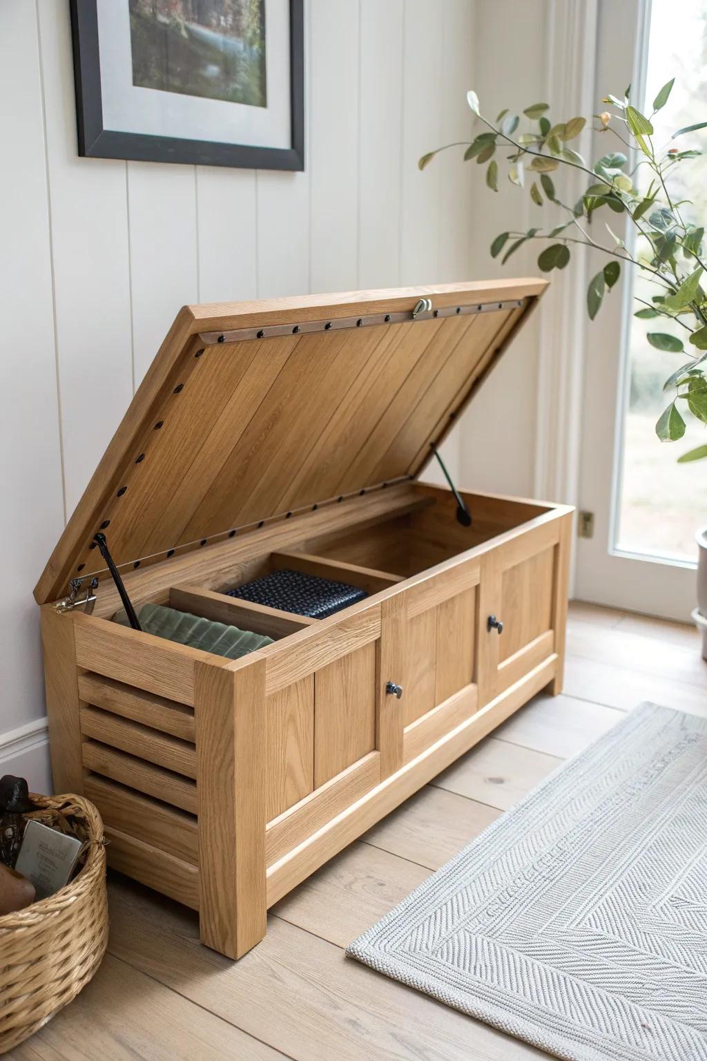Flip-up oak bench with hidden boot-drying channel—vented slats and drip tray, no damp smell.