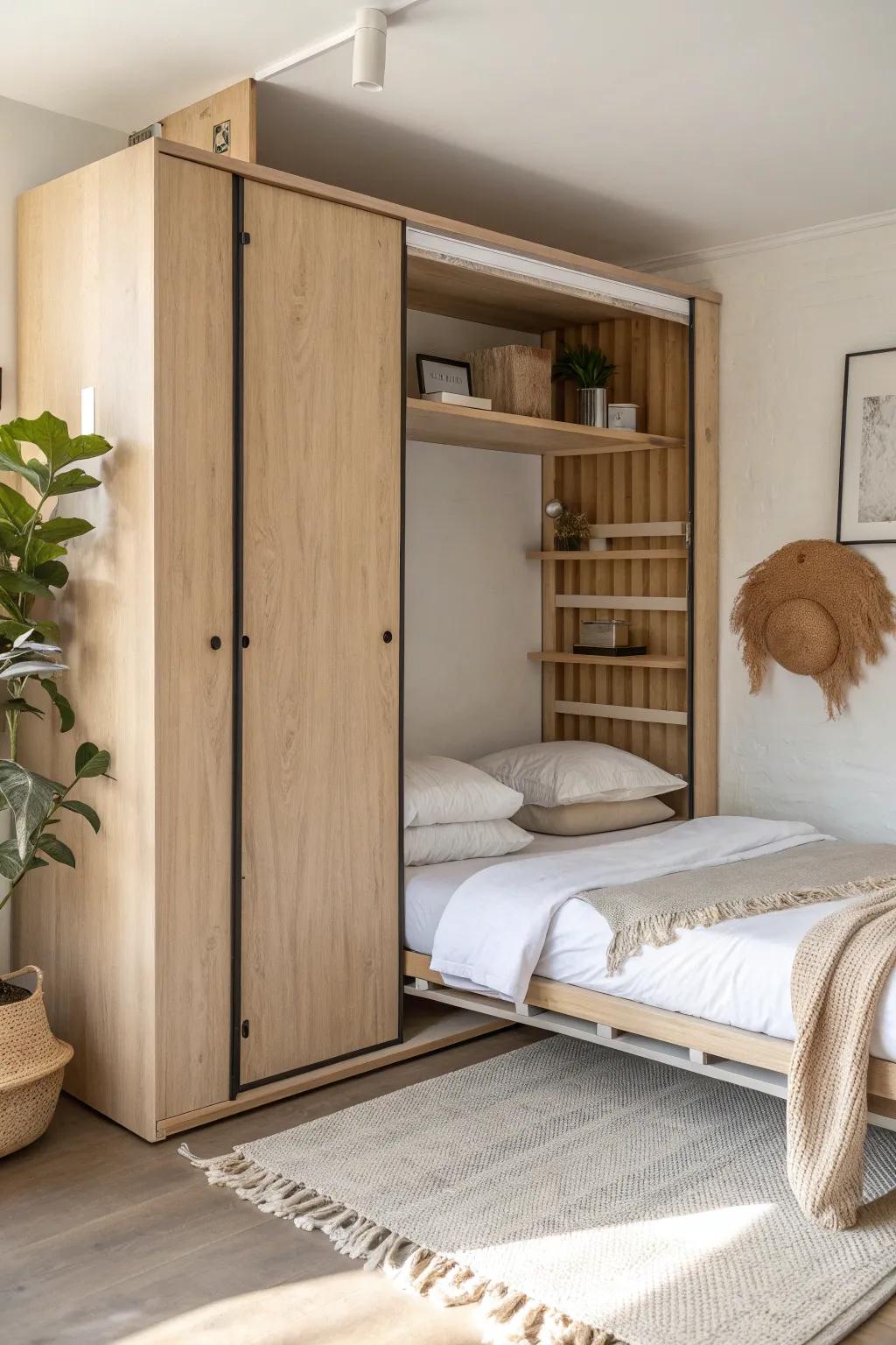 Fold-down wall bunks: hidden in oak panels by day, cozy stacked sleeping space by night.