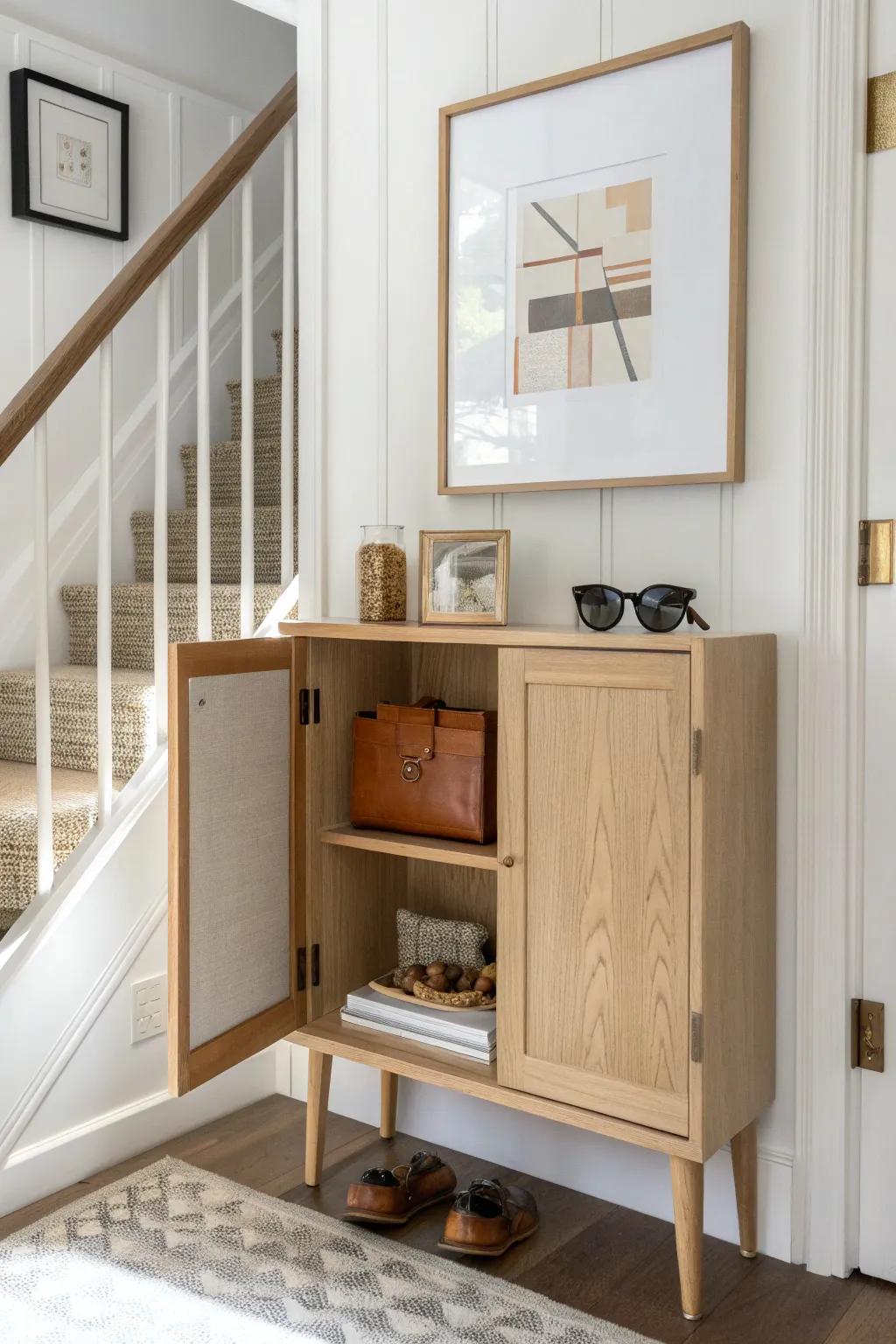 Art that hides your essentials—this slim frame cabinet keeps a narrow hallway calm and clutter-free.