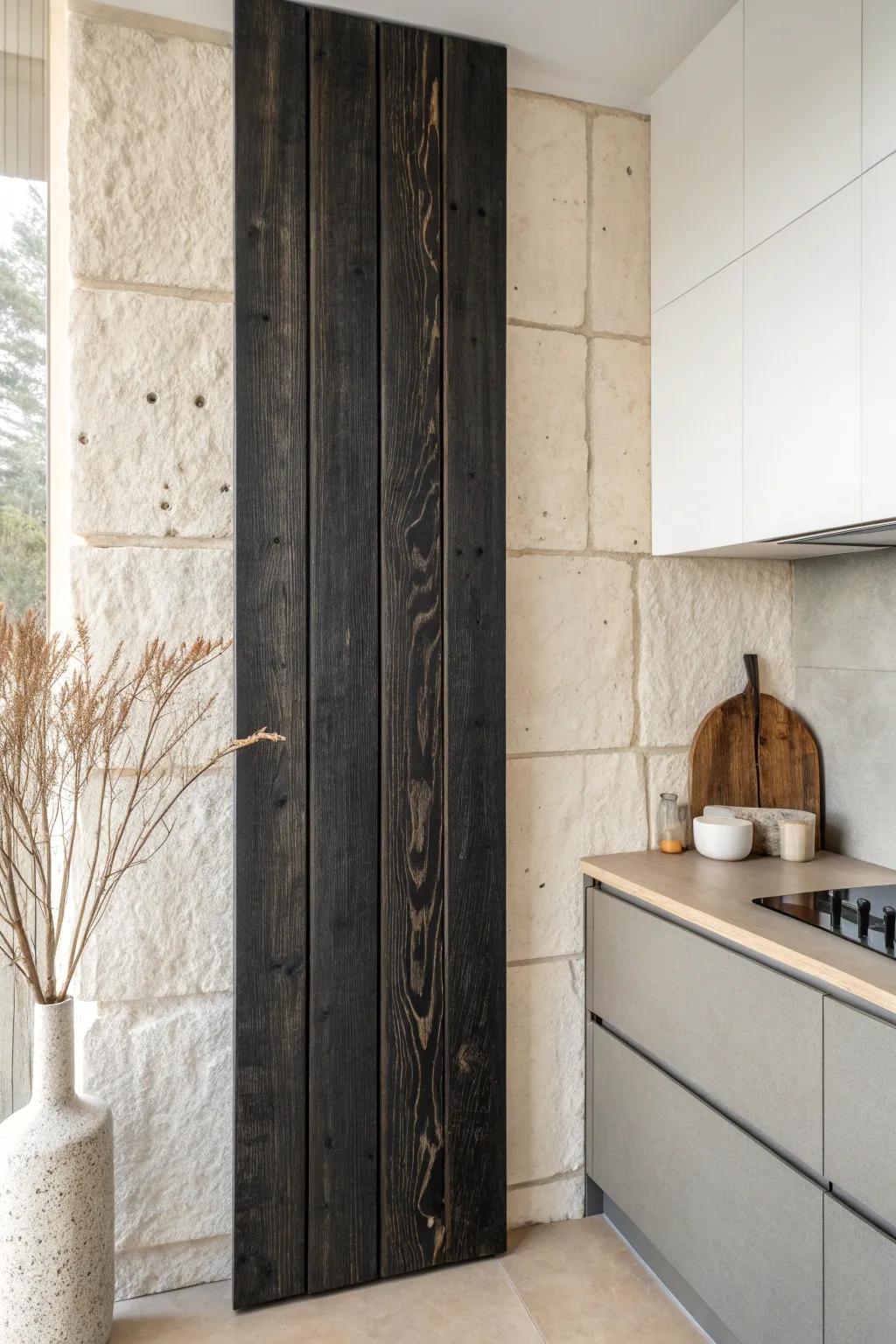 A slim charred-wood accent brings depth and craft to soft, airy neutrals—without feeling heavy.