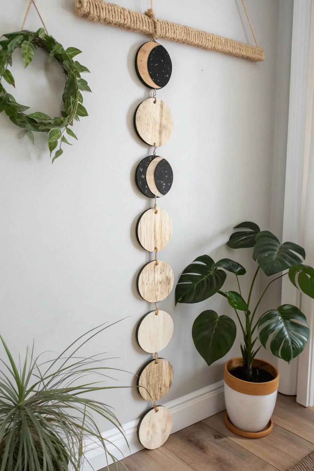 Handcrafted wooden moon phases—minimal, nature-inspired wall art for a calm cozy corner.