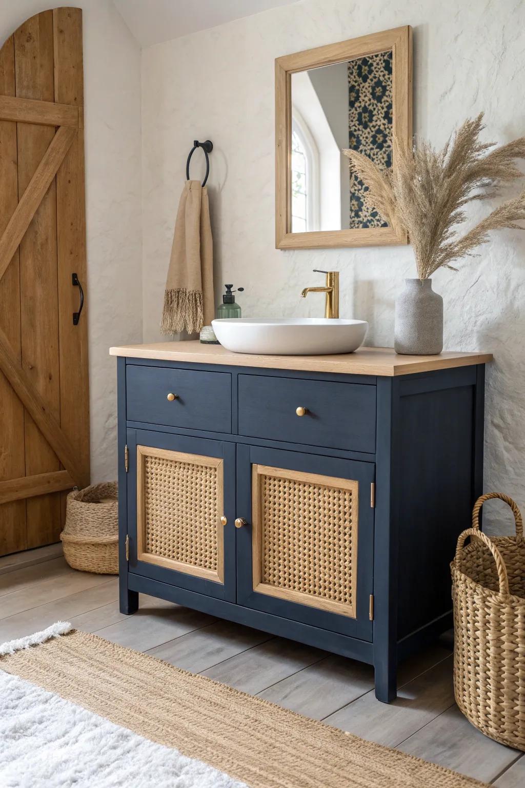 Navy vanity with cane inset doors—rich color, airy texture, and warm Scandinavian calm.