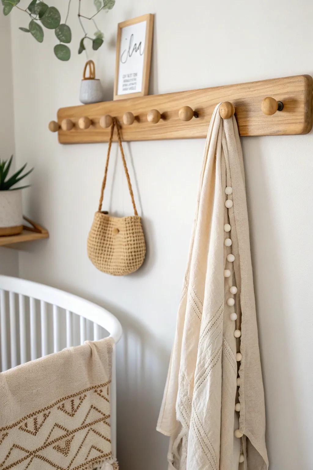 A simple oak peg rail keeps swaddles within reach—beautiful, calm, and clutter-free.