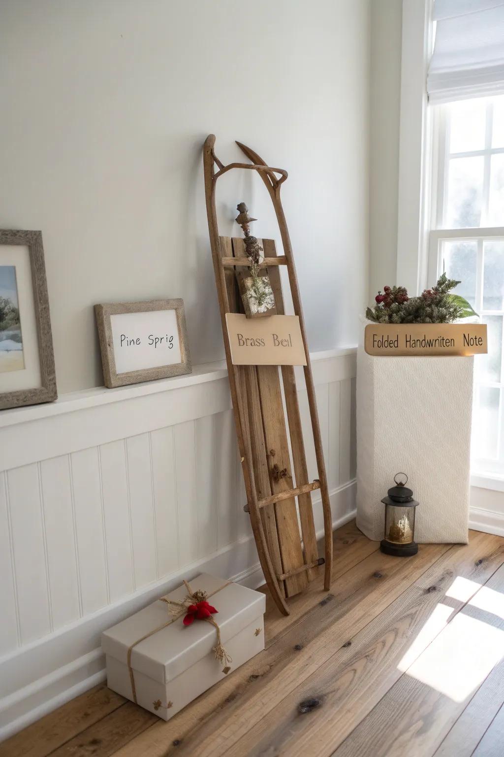Vintage sled shadow boxes filled with pine, brass bells, and handwritten winter notes.