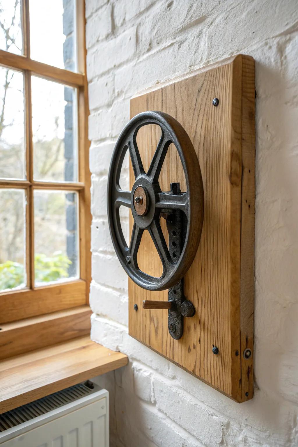 A vintage sewing flywheel turned into spinning wall art—minimal, industrial, and magical.