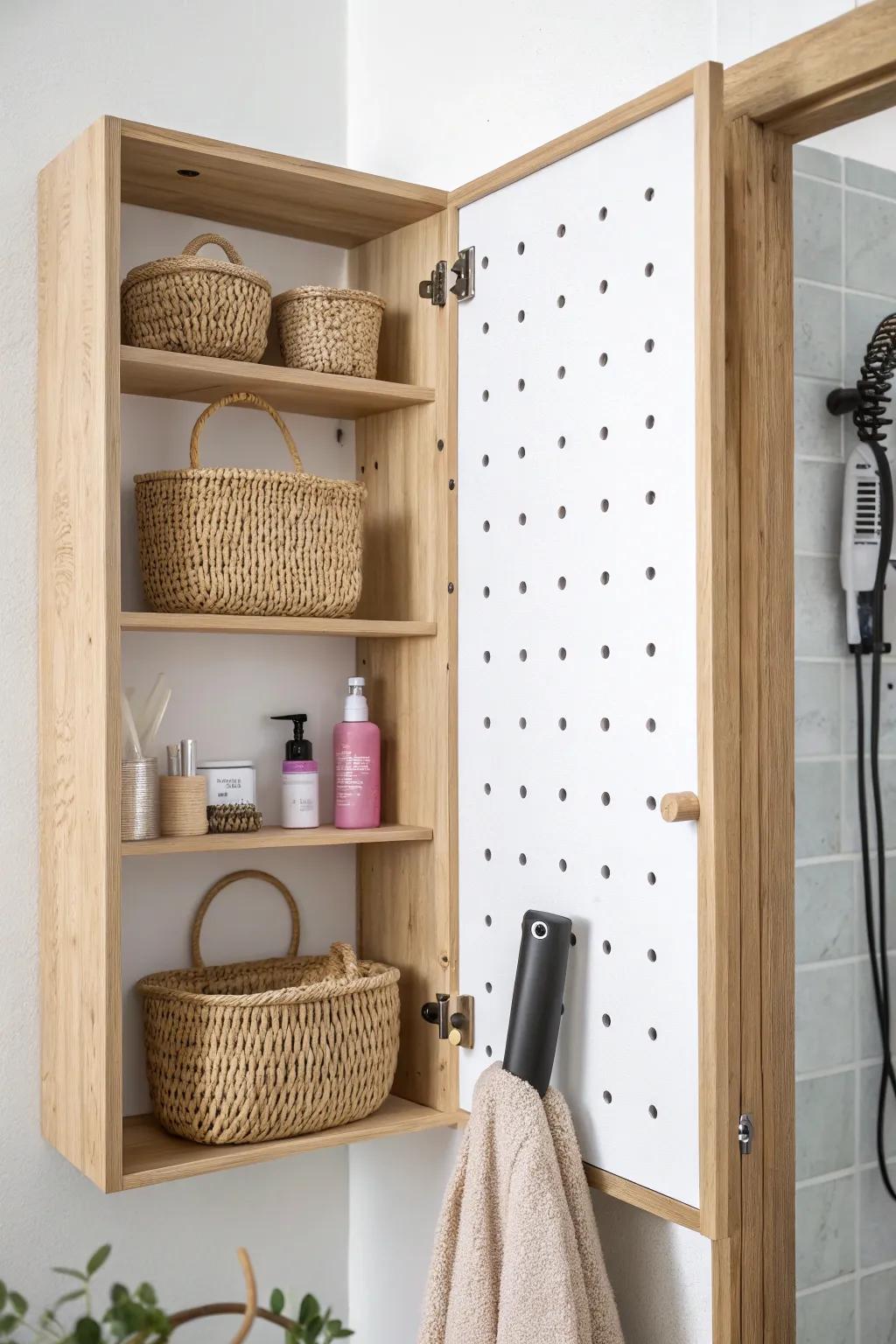 Open oak cabinet with a pegboard back—hang essentials neatly and keep counters clear.